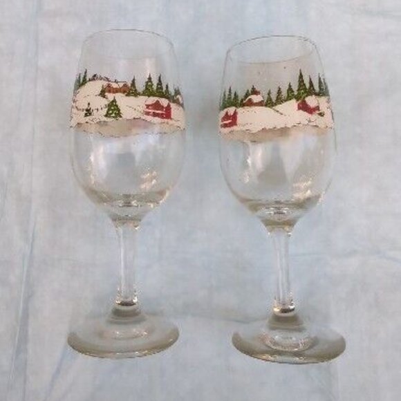 Currier & Ives Christmas Winter Scene Set of 4 Glasses Goblets Water/Wine - Picture 3 of 9